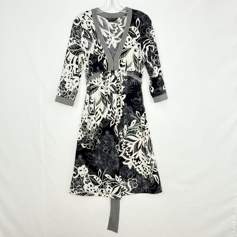 BCBGMAXAZRIA Dress Women's Médium Black Floral V Neck Belted Jersey 3/4 Sleeve - Picture 2 of 16